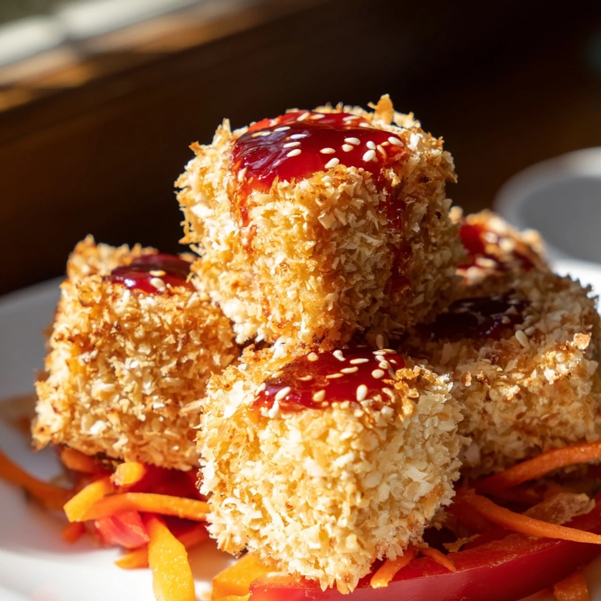A close-up of golden-baked coconut tofu cubes, served alongside crunchy carrots and baby corn, ready to be enjoyed over fluffy jasmine rice.