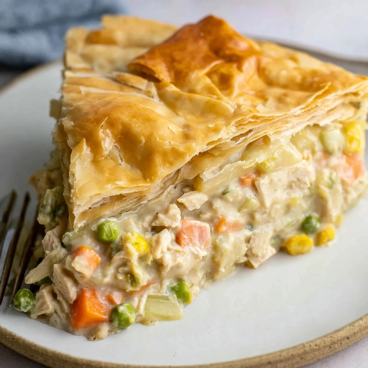 Golden, flaky puff pastry crowns a bubbling Turkey Pot Pie with peas and carrots, fresh from the oven.