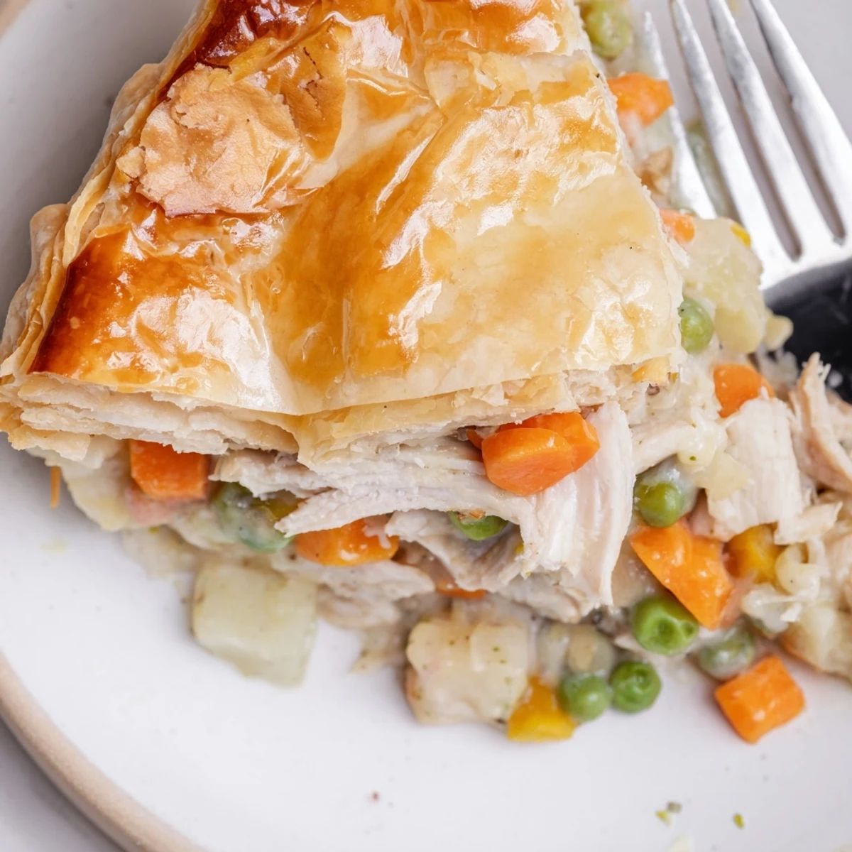 A rustic white dish holds Turkey Pot Pie, perfect for a cozy family dinner or leftovers.