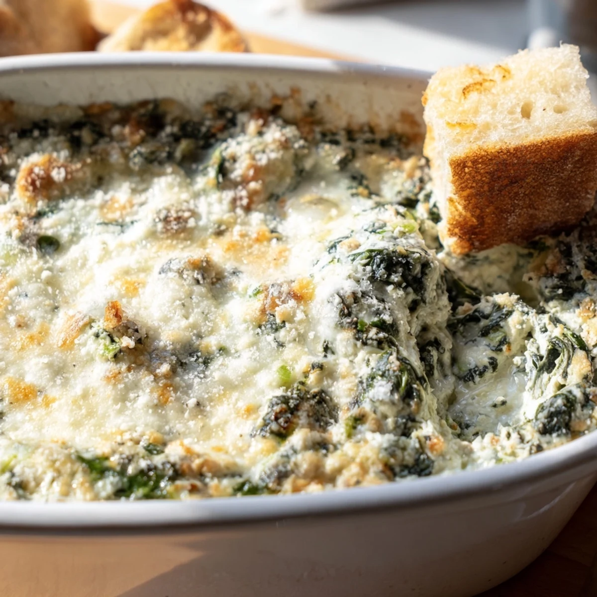Creamy Spinach Dip with Sourdough Bread served warm and bubbly, with golden cheese, in a rustic white dish next to bread cubes.