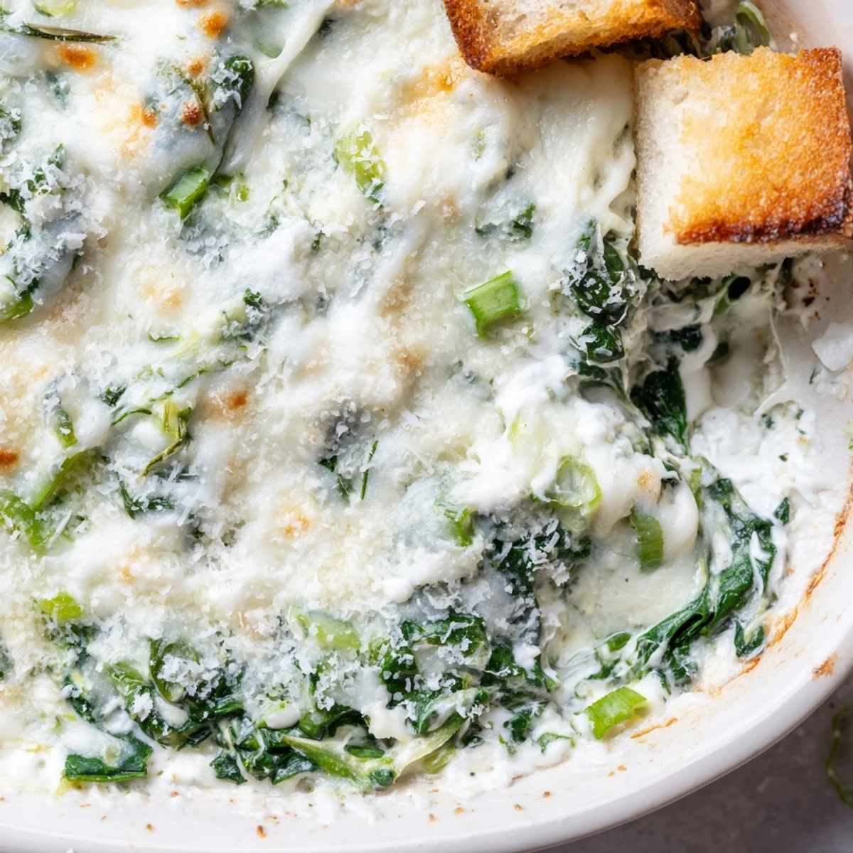 Golden Creamy Spinach Dip with Sourdough Bread in a ceramic dish, garnished with herbs and cheese, surrounded by artisan bread slices.