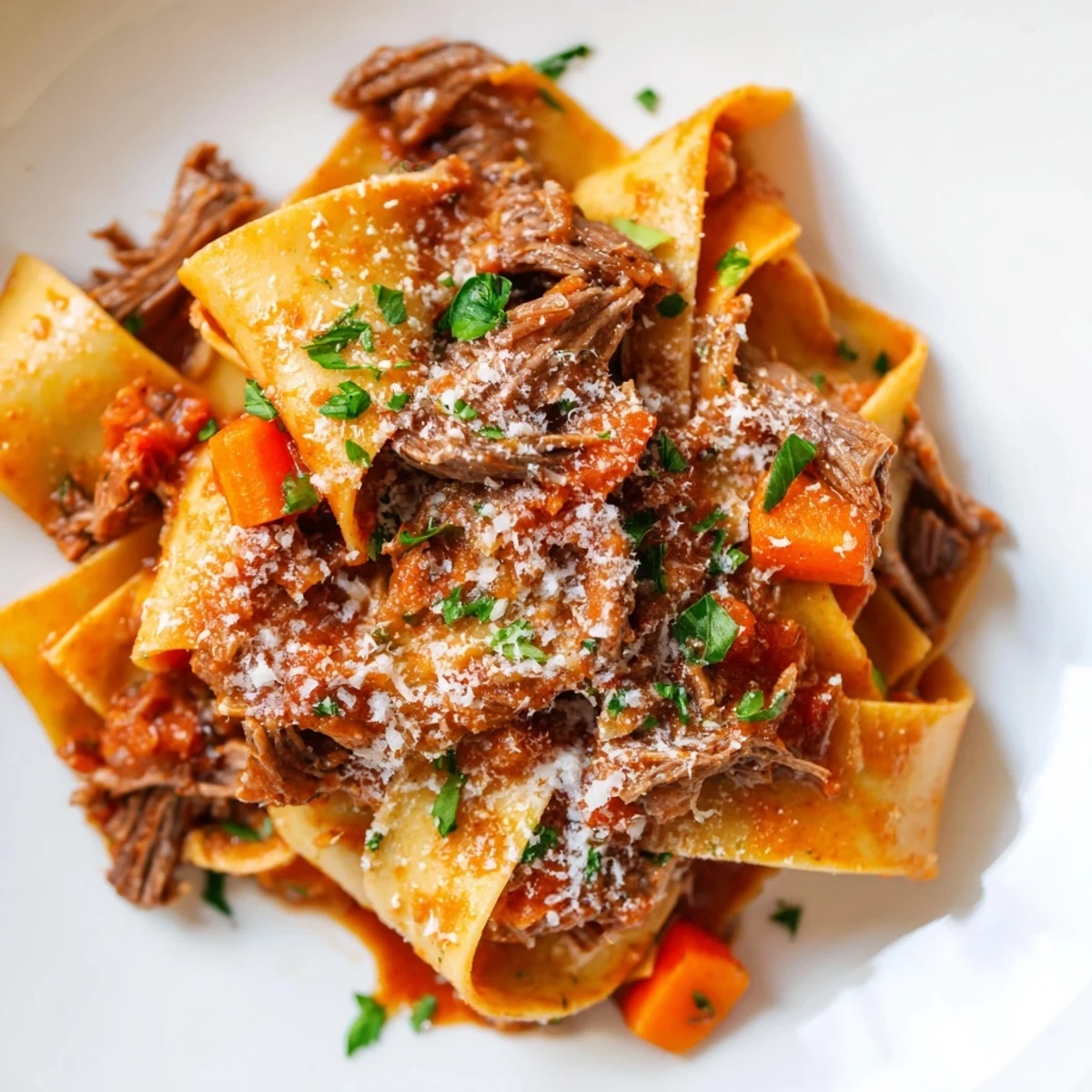 Steaming Slow Cooker Beef Ragu with Pappardelle topped with fresh parsley and Parmesan, served in a rustic white bowl.
