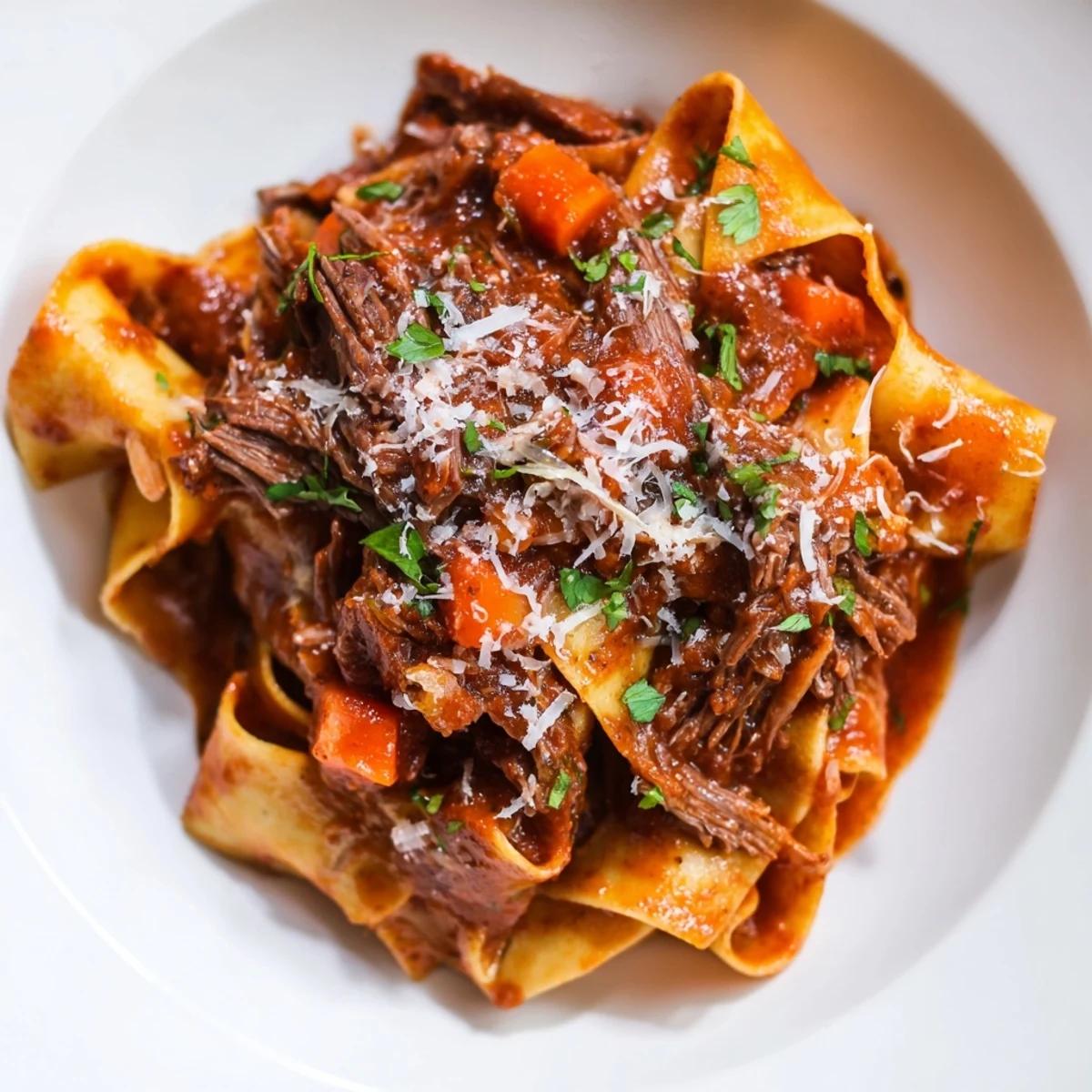 A close-up of Slow Cooker Beef Ragu with Pappardelle, highlighting glistening sauce, silky wide noodles, and a sprinkle of fresh herbs.