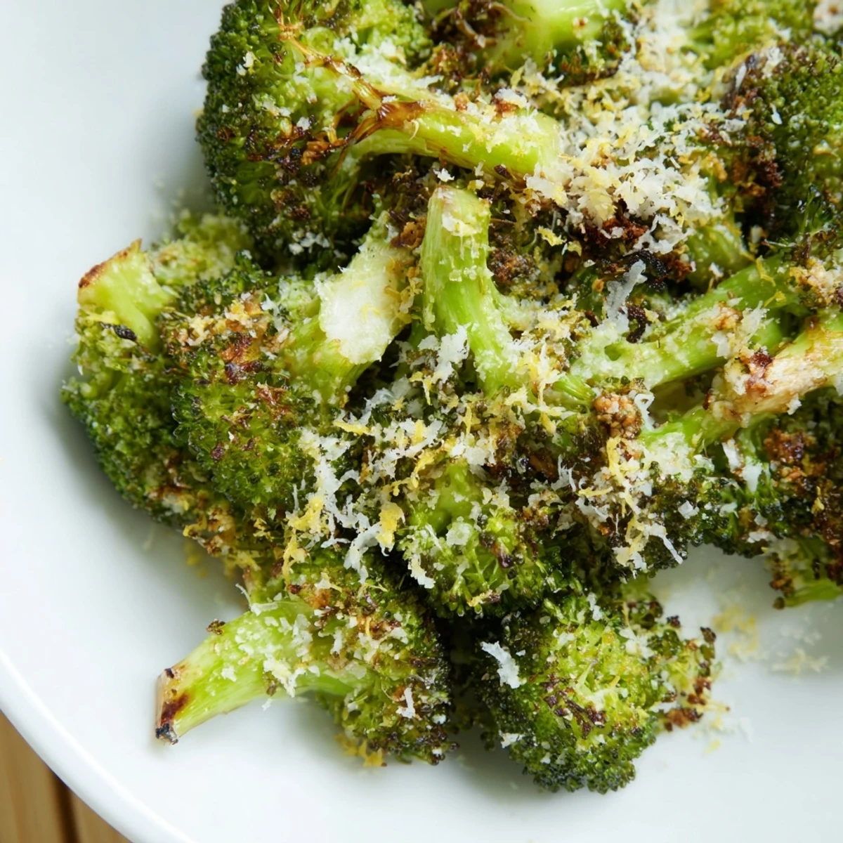 Golden-brown roasted broccoli with garlic and Parmesan cheese on a baking sheet.