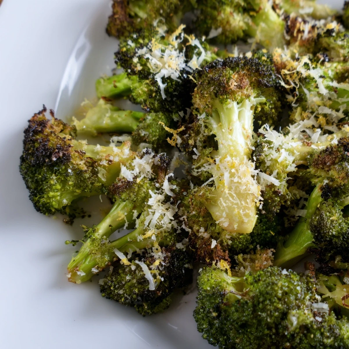 Freshly roasted broccoli florets topped with melted Parmesan and lemon zest.