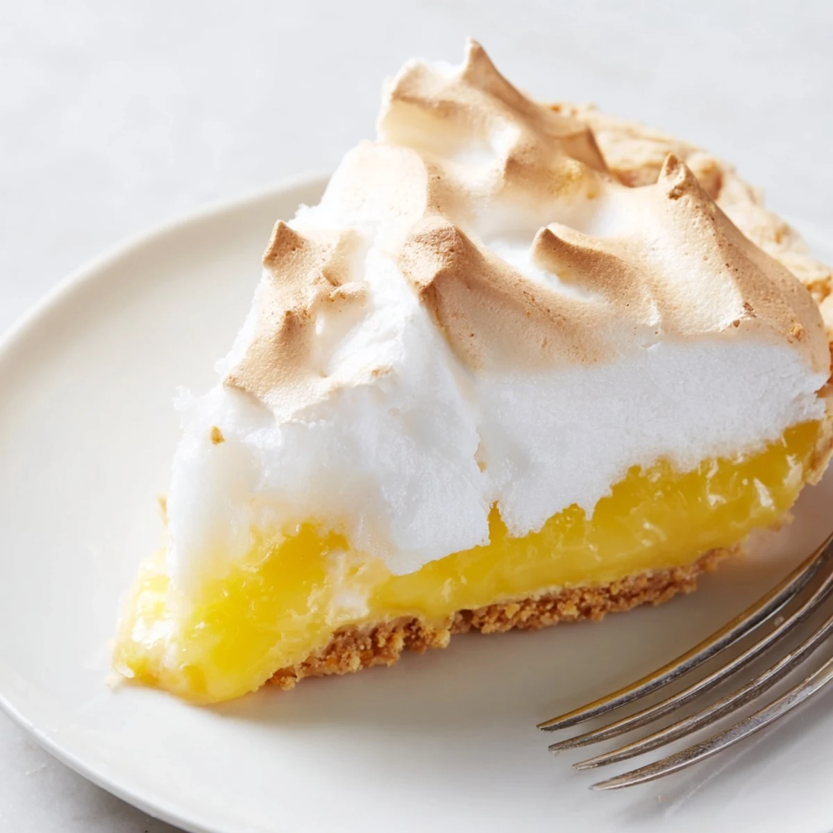 Golden-brown Lemon Meringue Pie with Graham Cracker Crust reveals silky lemon filling and pillowy toasted peaks.