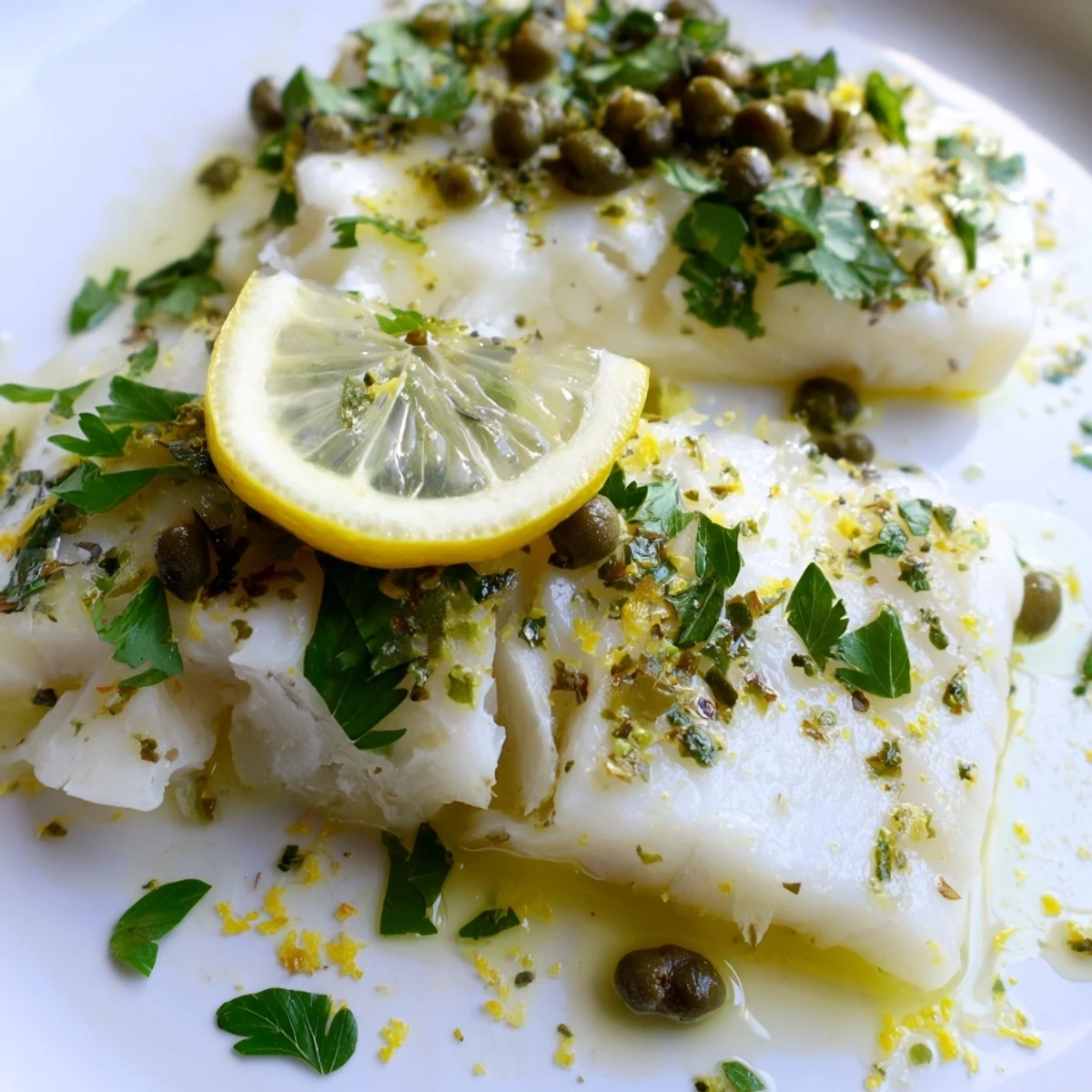 Tender baked haddock with lemon and capers served flaky and bright on a white plate.