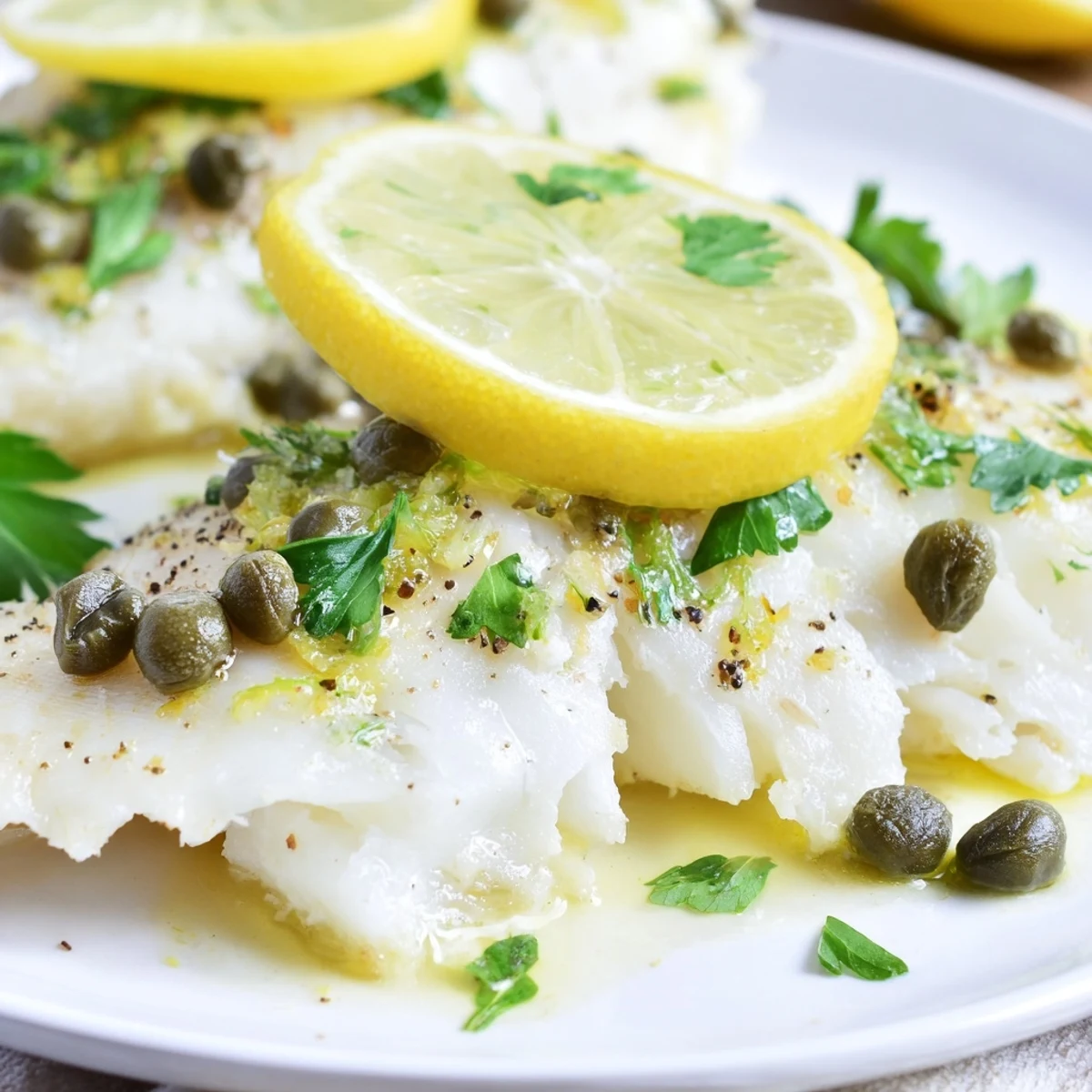 Fresh herbs and lemon slices garnish this Mediterranean baked haddock with capers recipe.