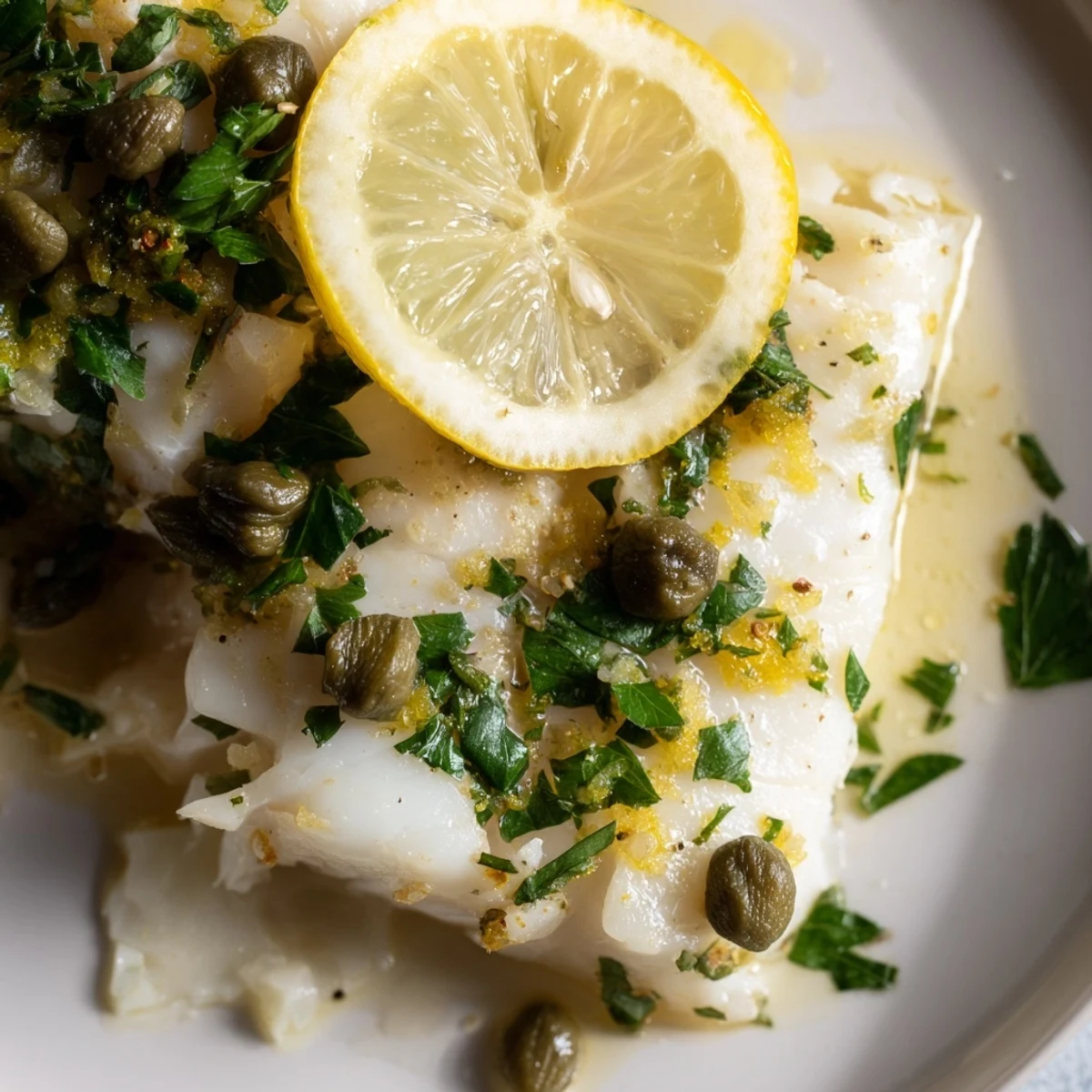 A close-up of baked haddock with lemon and capers, glistening with olive oil and herbs.