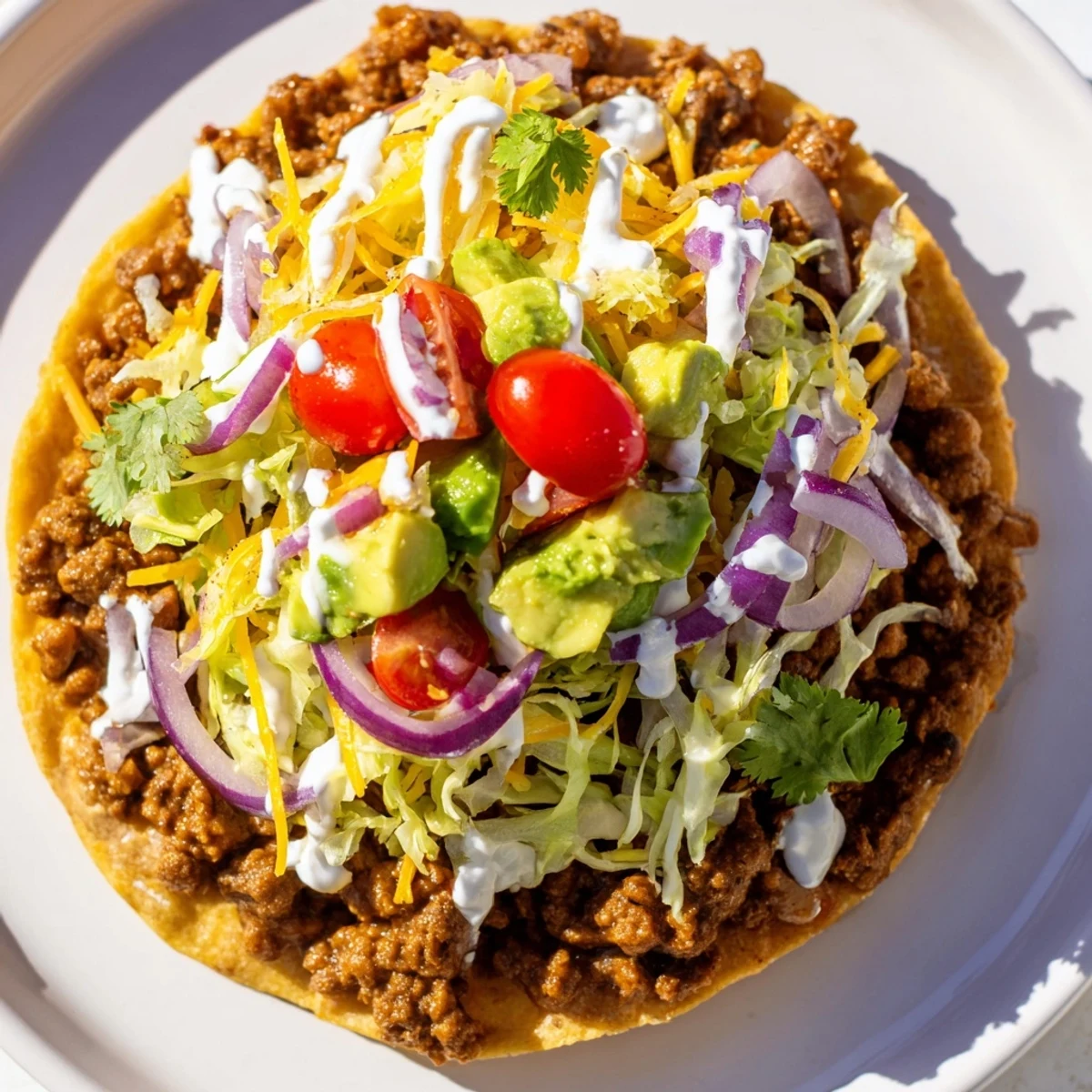 Crispy tostada shells loaded with savory ground beef, creamy refried beans, shredded lettuce, diced tomatoes, and melted cheese, drizzled with sour cream.