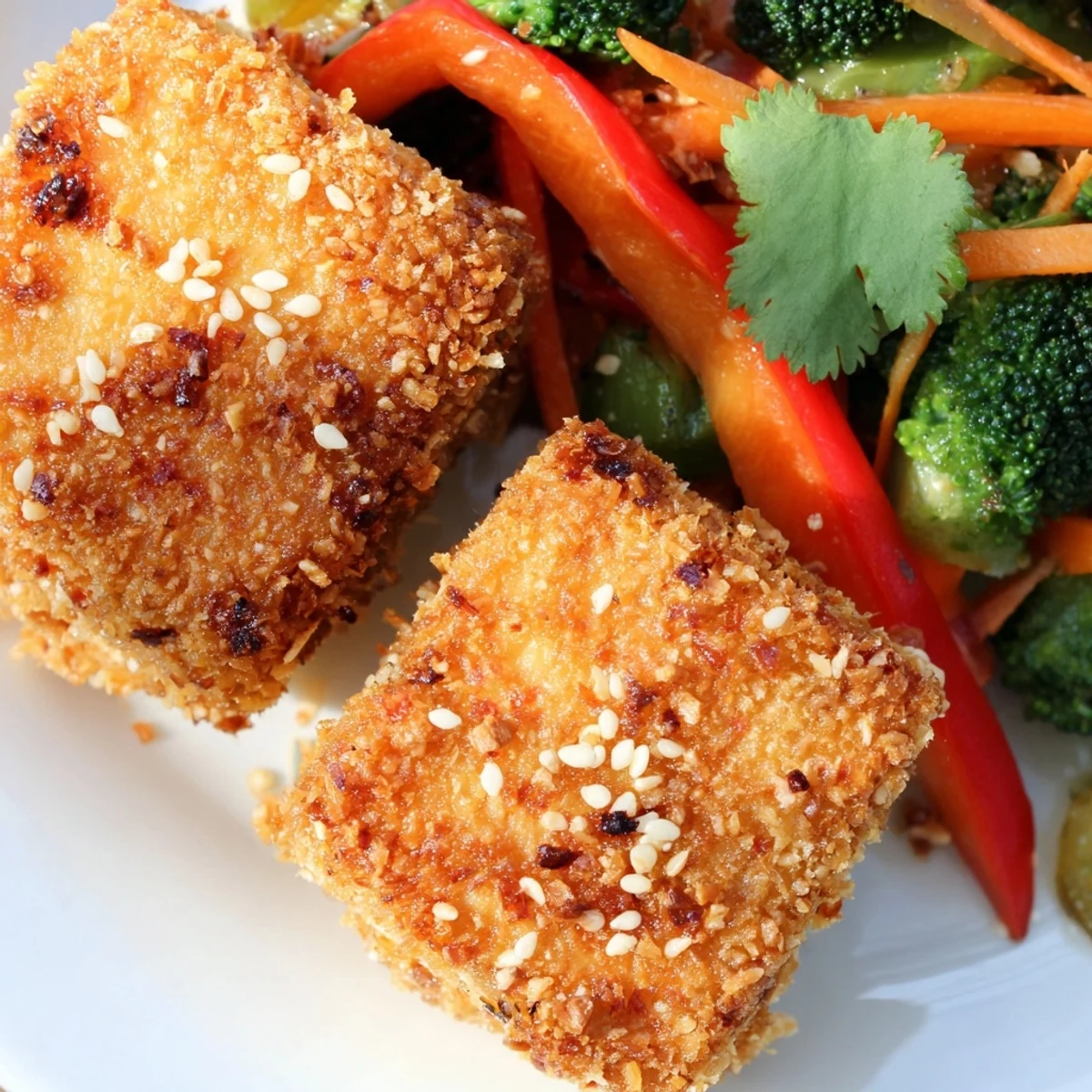 Crispy Coconut Tofu with Stir Fry Vegetables and Rice is served over jasmine rice with vibrant bell peppers.