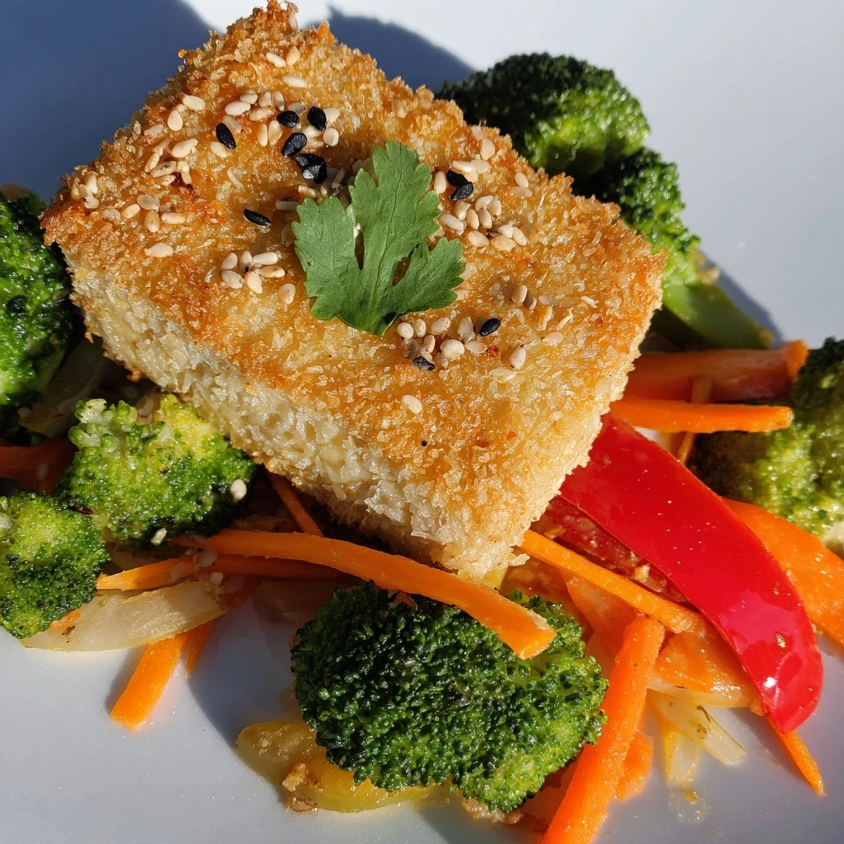 Crispy Coconut Tofu with Stir Fry Vegetables and Rice is plated next to lime wedges and sesame seeds.
