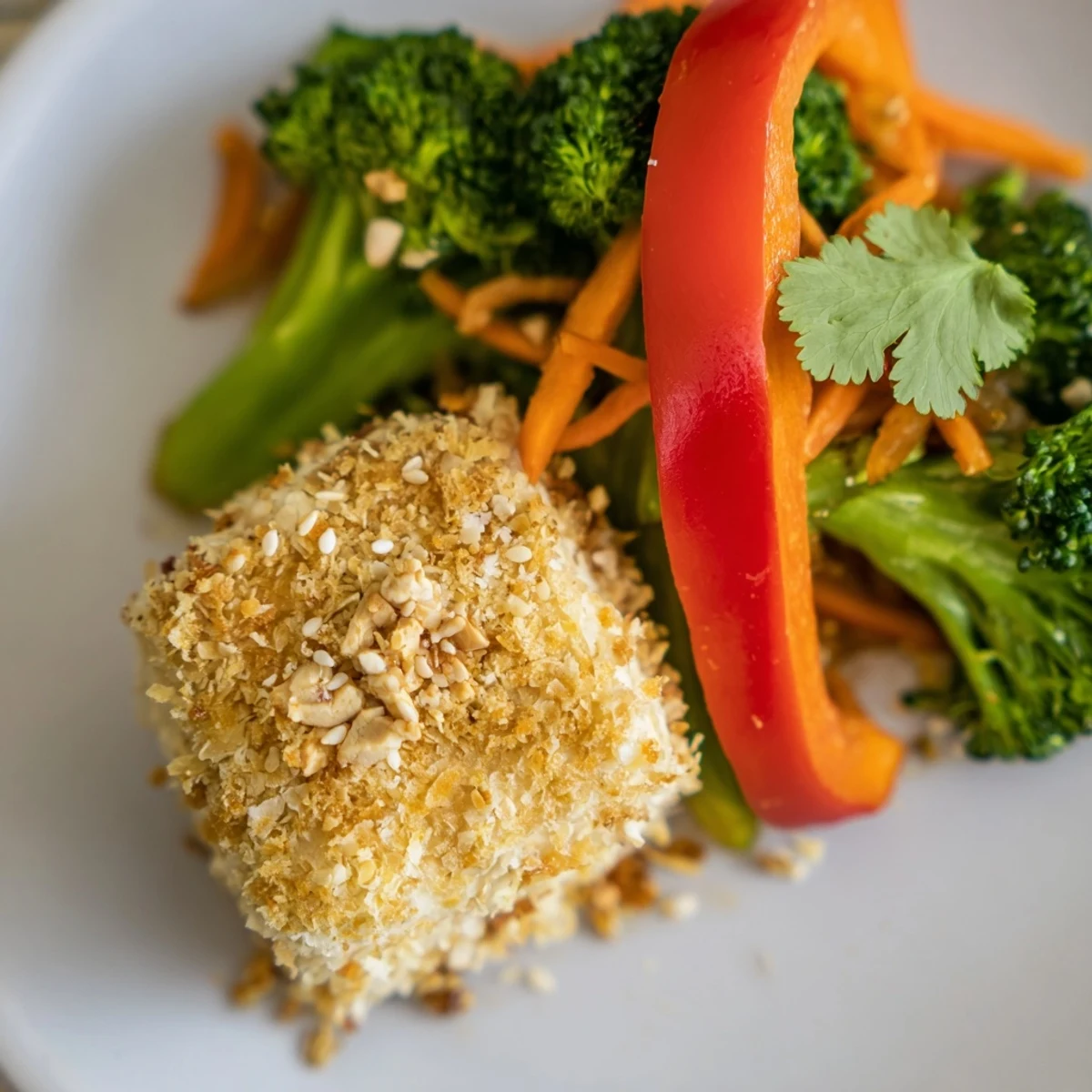 Crispy Coconut Tofu with Stir Fry Vegetables and Rice shows golden tofu beside fresh broccoli and snap peas.