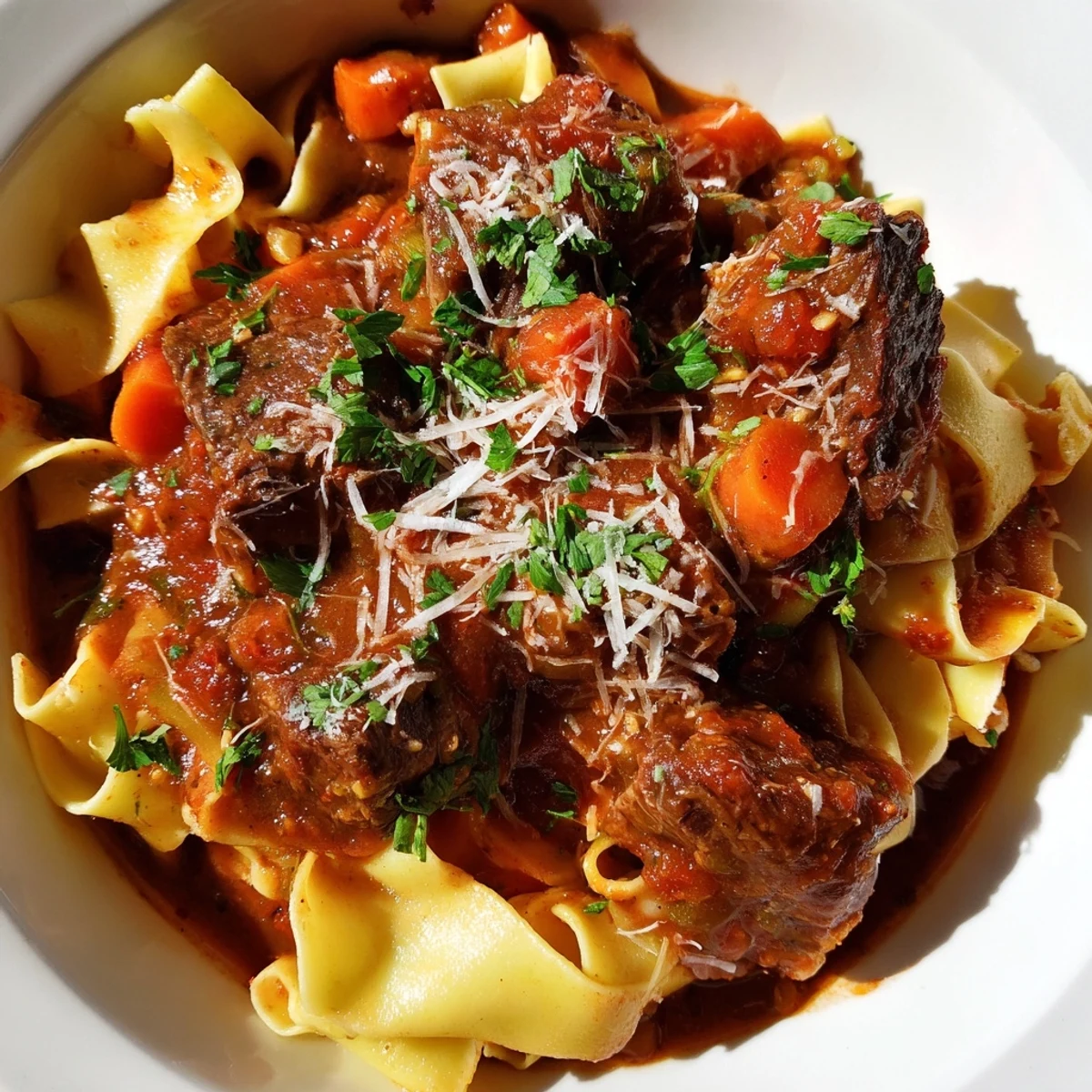 Slow-cooked beef ragu with pappardelle, garnished with parsley and Parmesan, in a rustic ceramic slow cooker.