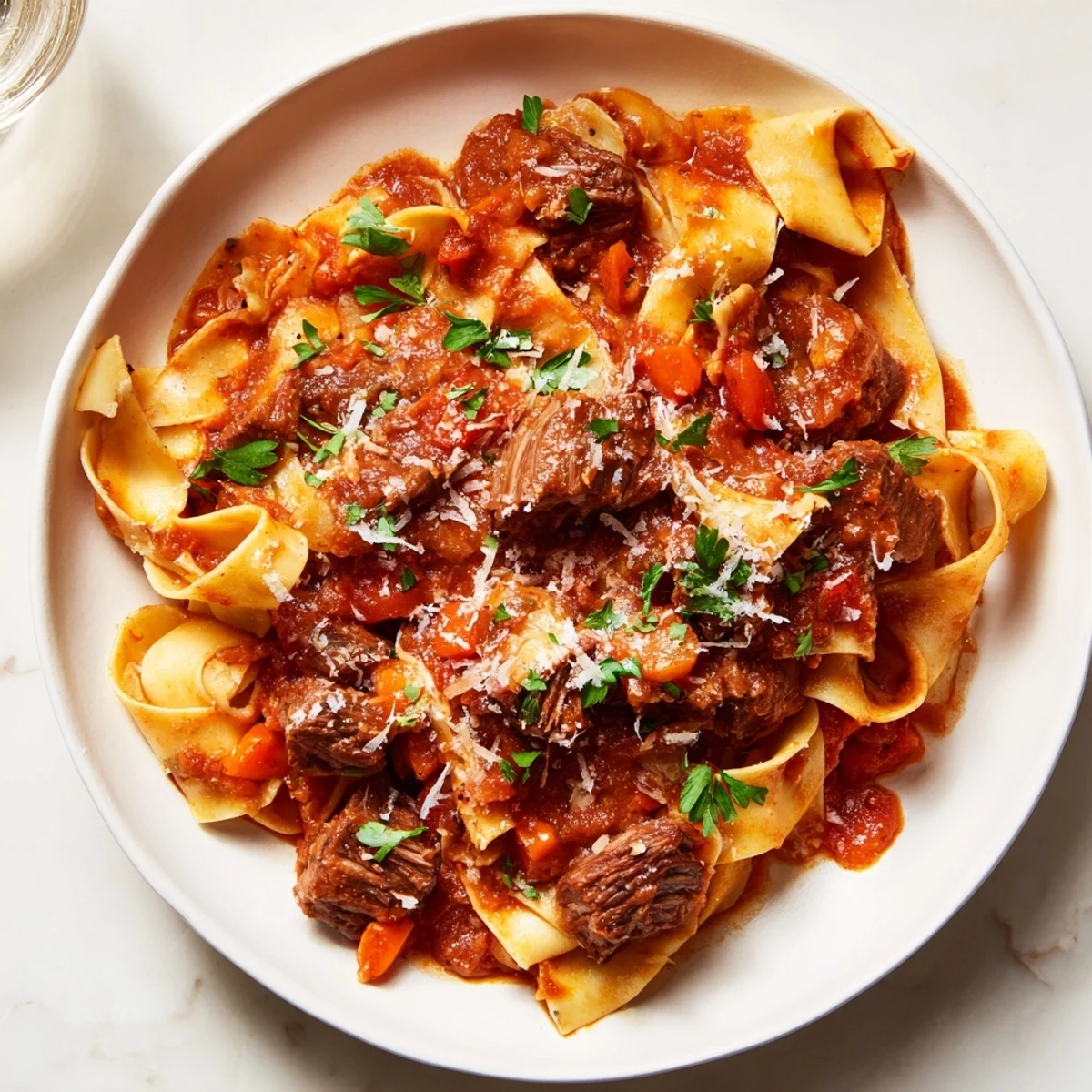 Steam rises from a warm bowl of Slow Cooker Beef Ragu with Pappardelle Pasta, topped with Parmesan.