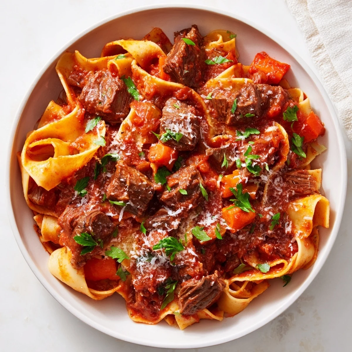 Tender Slow Cooker Beef Ragu with Pappardelle Pasta, twirled on a fork with rich, chunky red sauce.