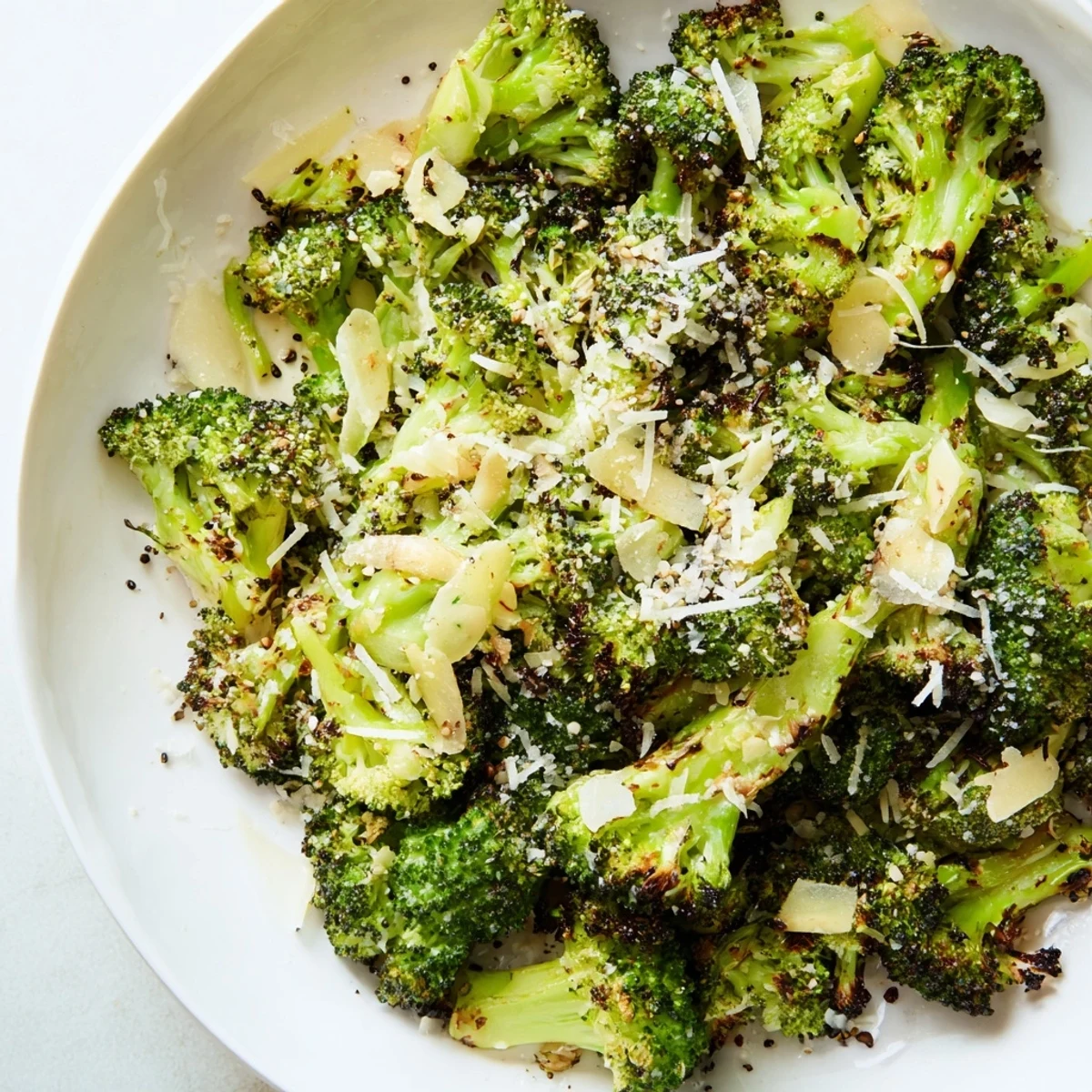 Close up of roasted broccoli with garlic and Parmesan cheese showing melted cheese and sliced garlic.