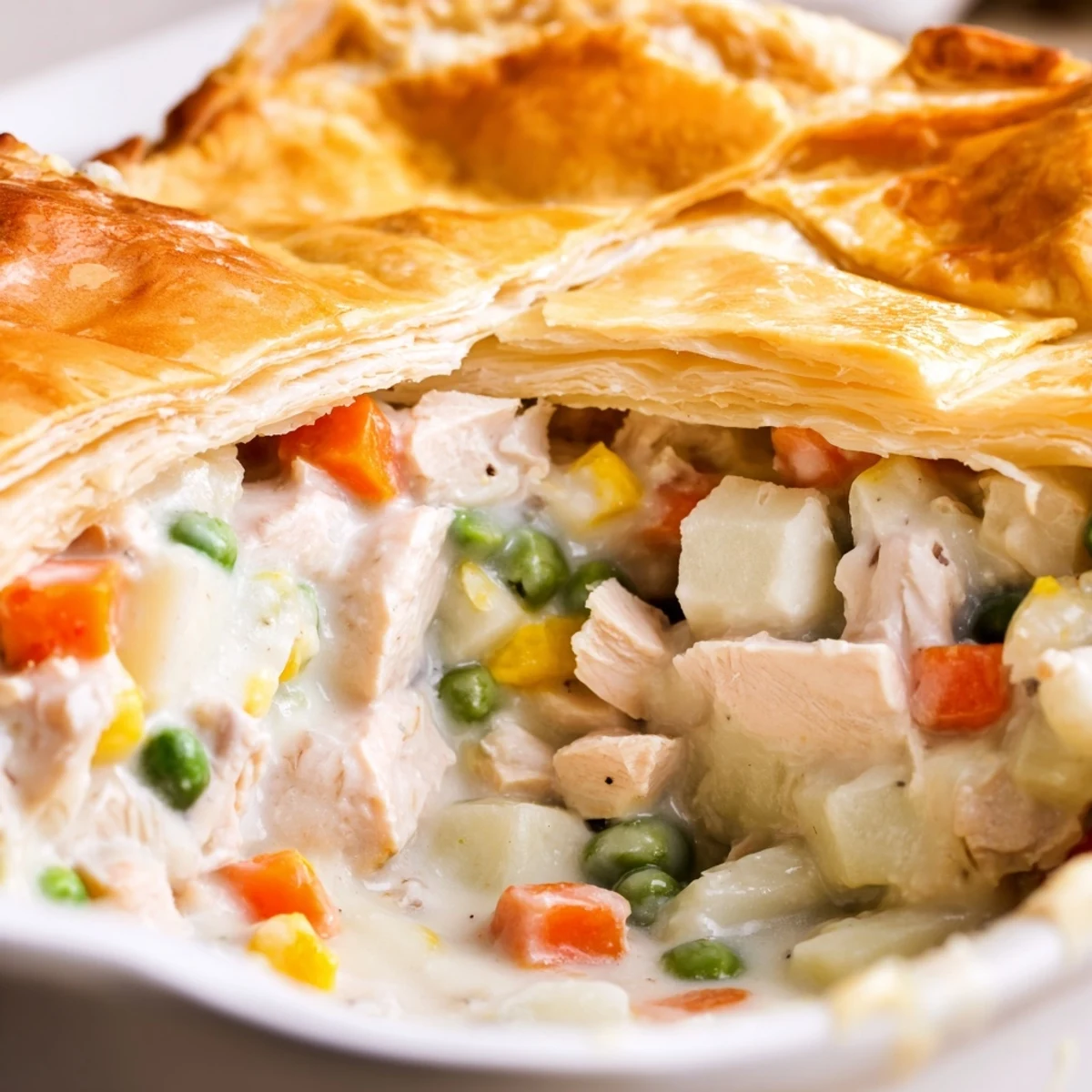 Golden, flaky puff pastry covers a steaming filling of tender turkey, peas, and carrots in Turkey Pot Pie.