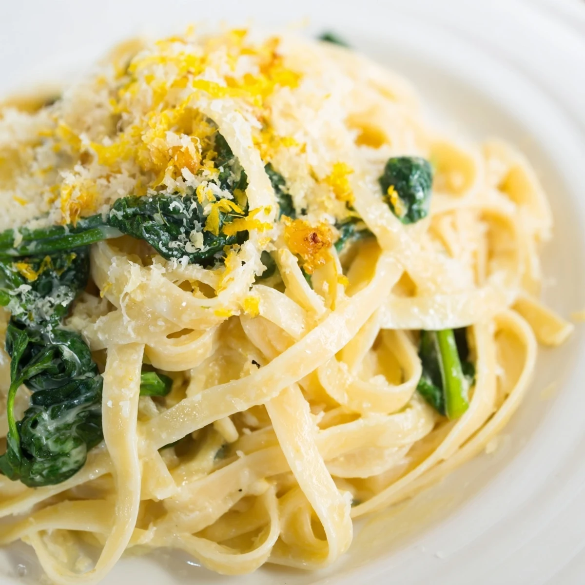Creamy Spinach Pasta with Garlic and Lemon twirls from a white bowl, steam rising, garnished with lemon zest and Parmesan.