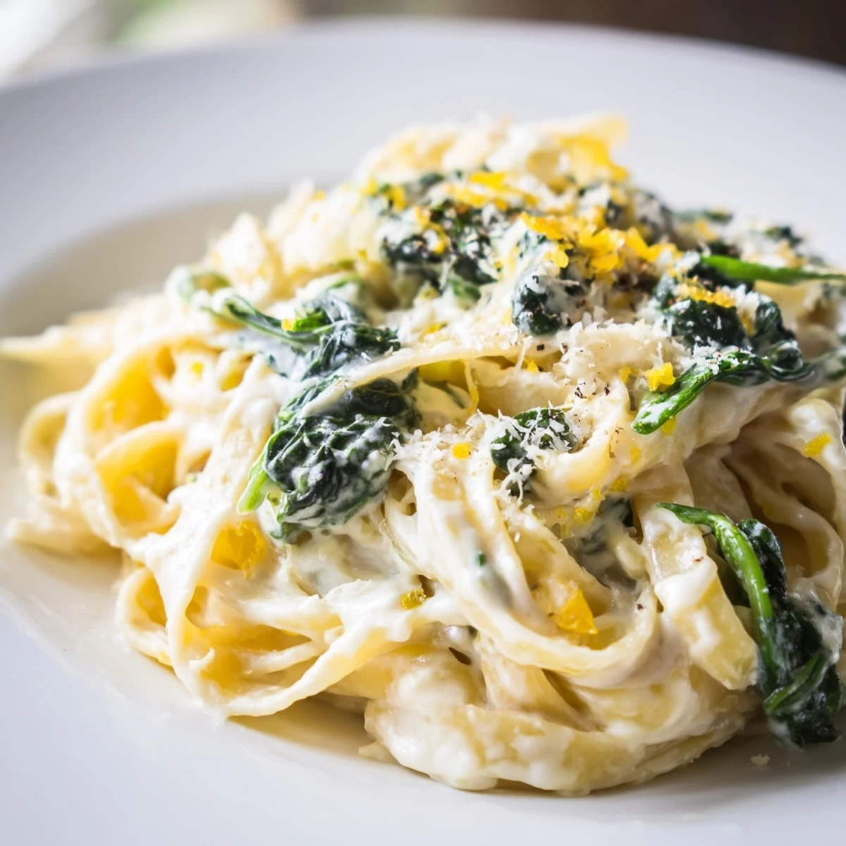A skillet of Creamy Spinach Pasta with Garlic and Lemon tossed with wilted spinach, ready to serve.