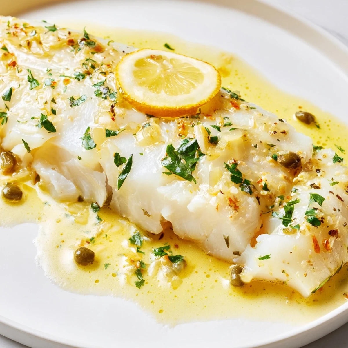 Tender flaky Baked Cod with Lemon and Butter Sauce resting in a baking dish topped with fresh parsley.