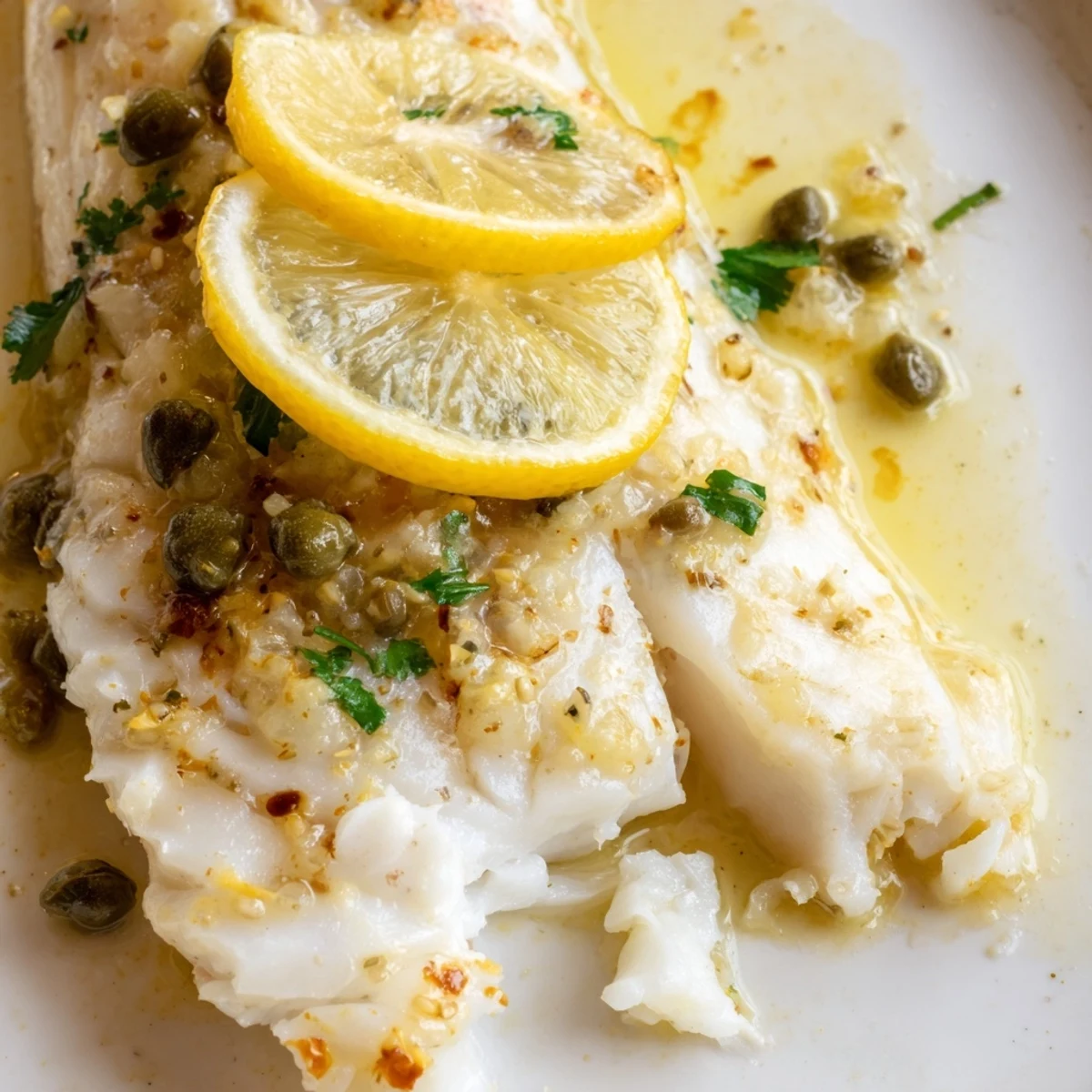 Perfectly baked Baked Cod with Lemon and Butter Sauce fillets on a white plate, drizzled with glossy sauce.