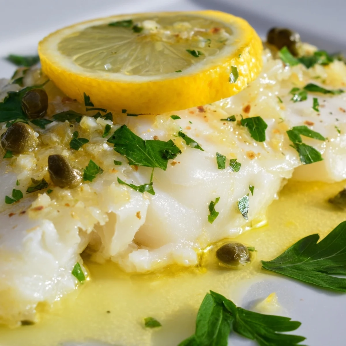 Golden Baked Cod with Lemon and Butter Sauce served alongside roasted potatoes and green beans, ready to enjoy.