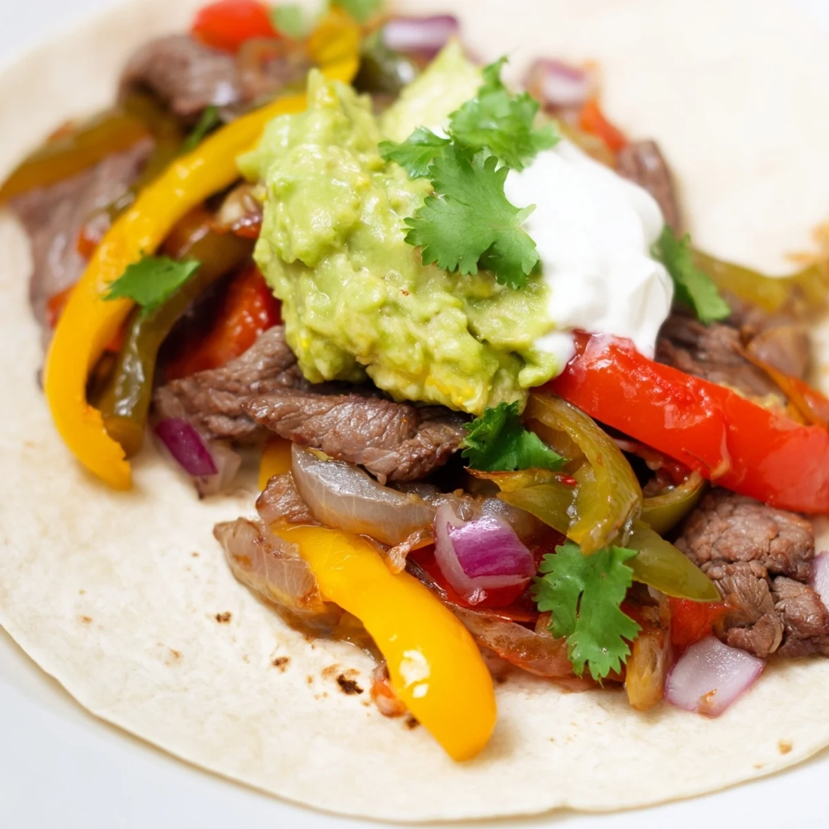 Golden-brown beef strips sizzling with peppers and onions, ready to be wrapped in warm flour tortillas with guacamole. 