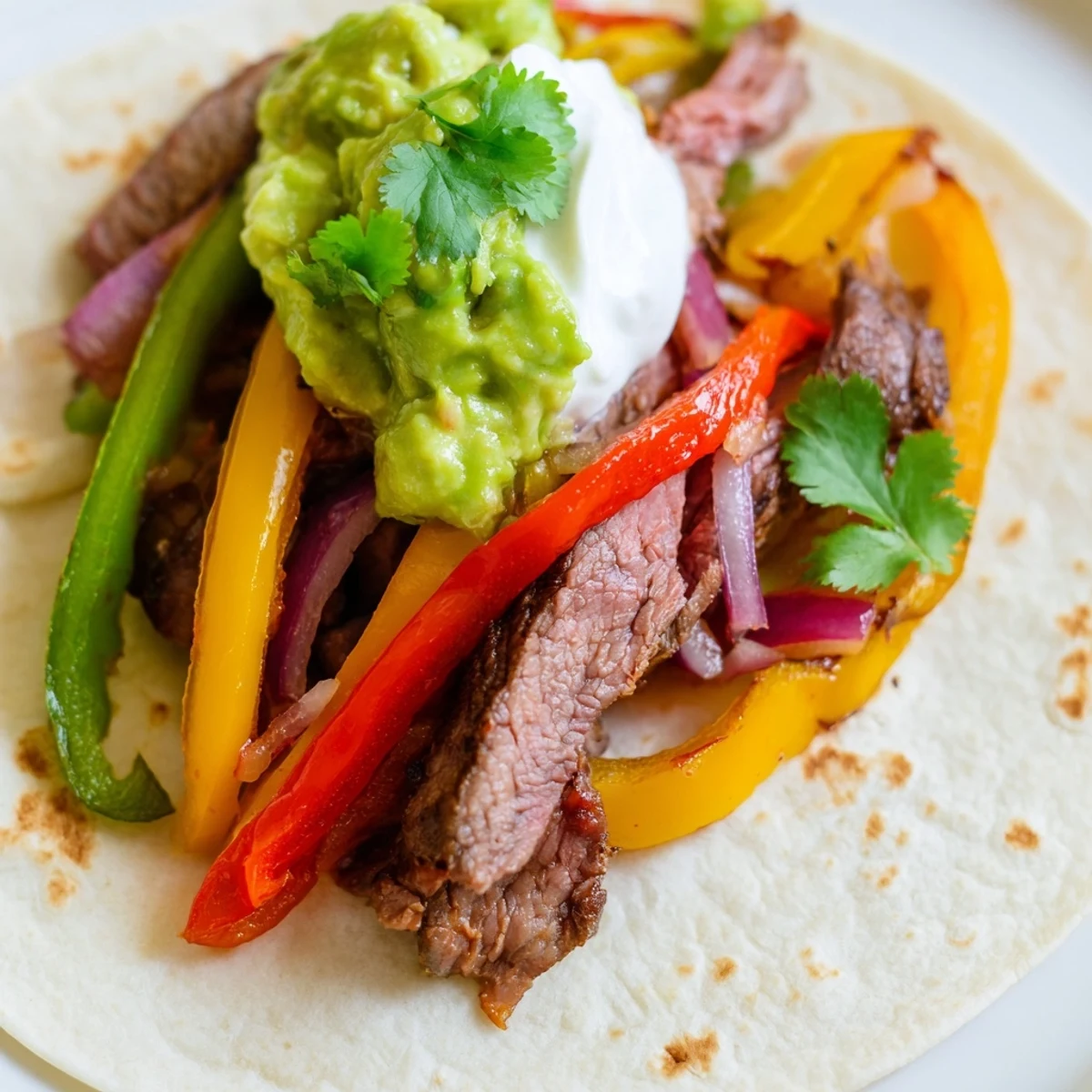Freshly assembled beef fajitas garnished with cilantro and lime wedges, a perfect Tex-Mex main dish for dinner.
