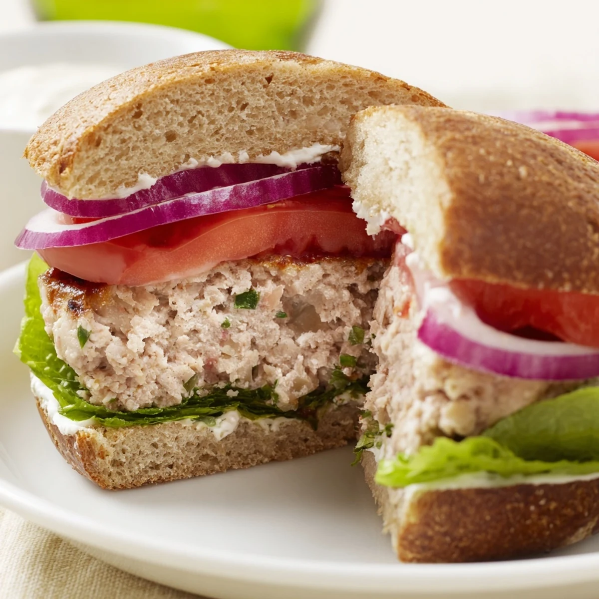 Juicy grilled turkey burgers on toasted buns, topped with fresh lettuce and tomato, served alongside crispy baked sweet potato fries.