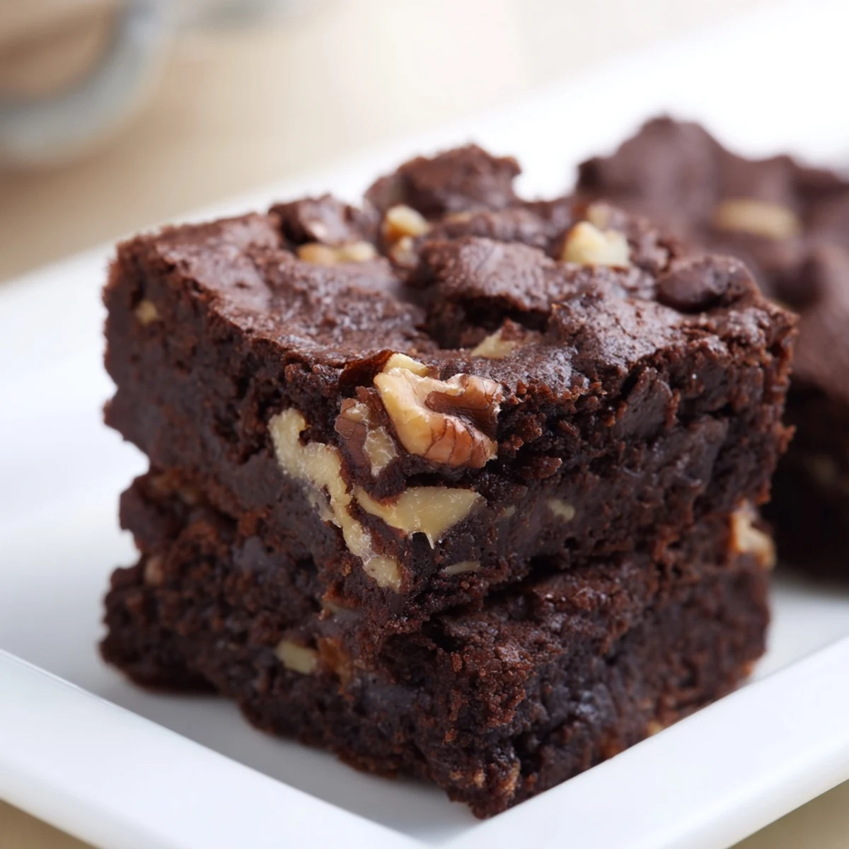 Close-up of fudgy Chocolate Fudge Brownies with Walnuts on a rustic wooden board.