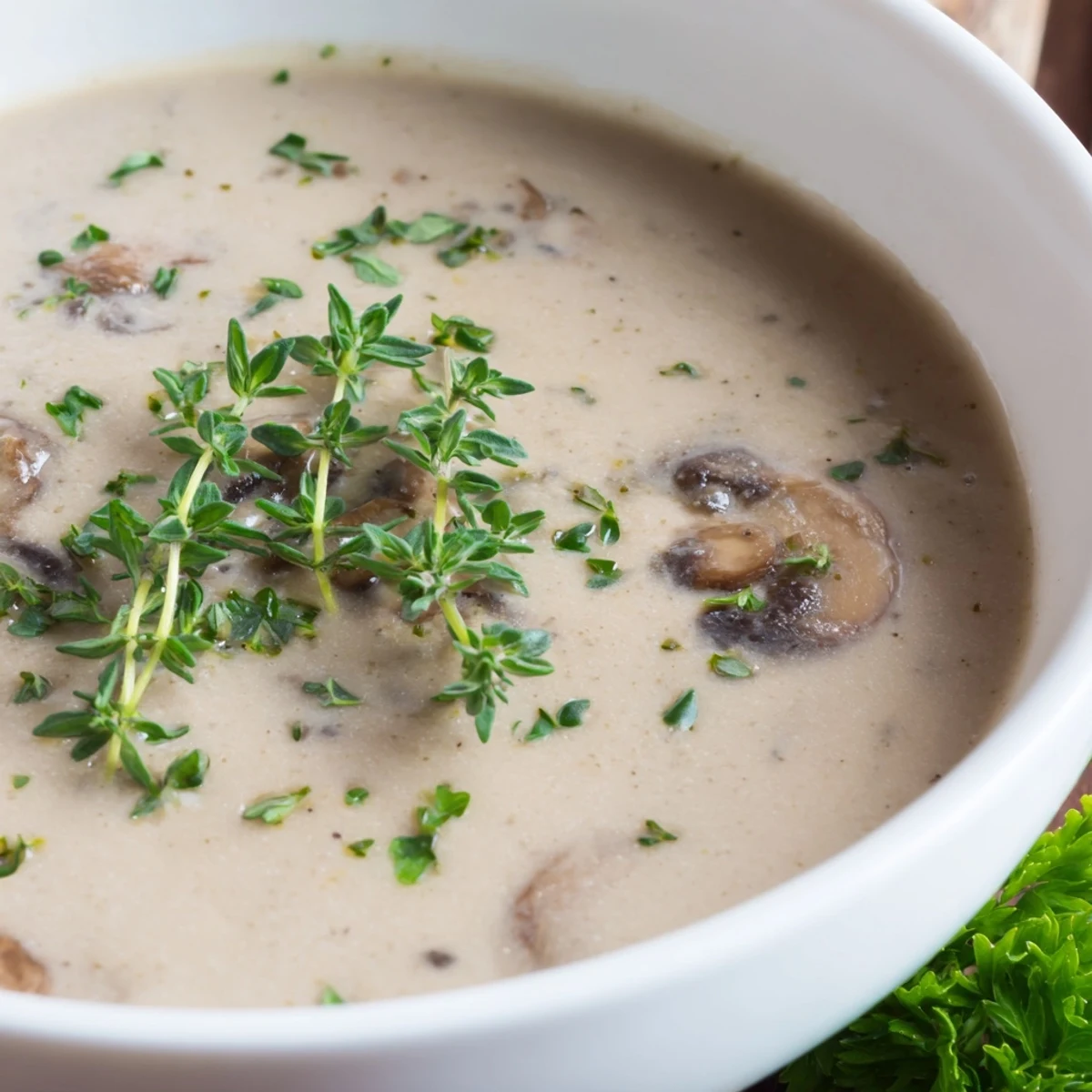 Creamy Mushroom Soup with Thyme steaming in a rustic bowl, topped with fresh parsley.