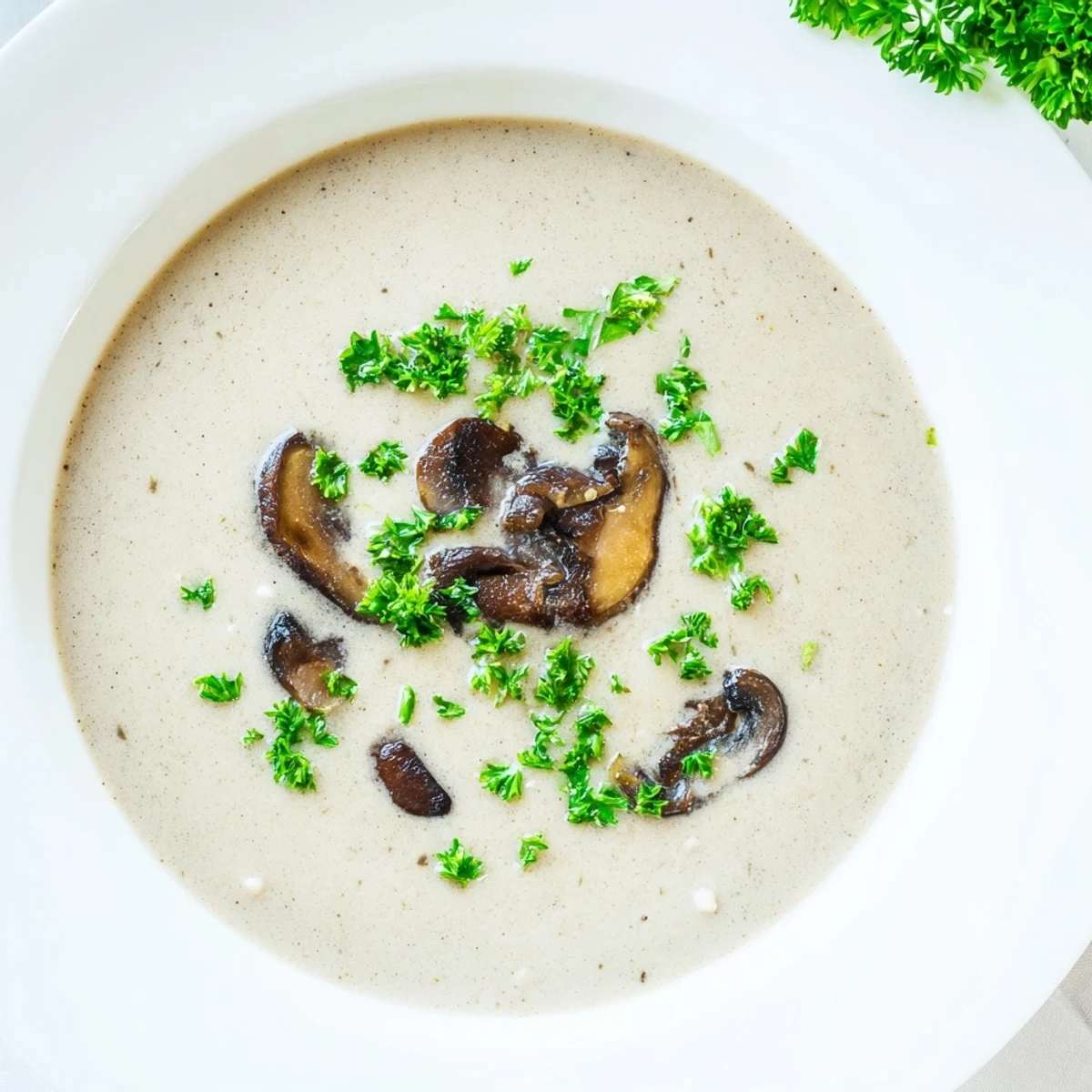 Creamy Mushroom Soup with Thyme served beside crusty artisan bread and fresh thyme sprigs.