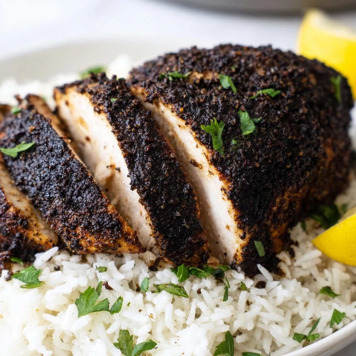Juicy Cajun Blackened Chicken with Rice sits on a fluffy bed, garnished with fresh parsley and lemon wedges.