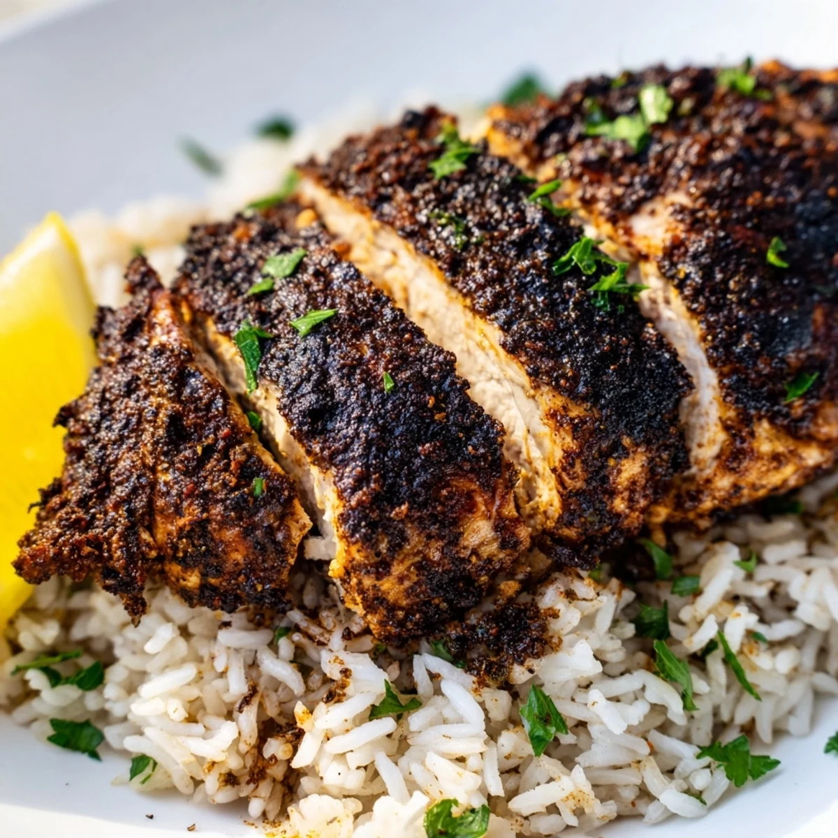 Blackened chicken breasts over fluffy white rice, showcasing bold Cajun spices and steam rising from the grains.