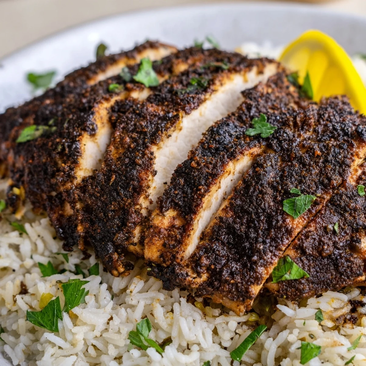 Sizzling Cajun Blackened Chicken with Rice served on a white plate, ready for a hearty weeknight dinner.