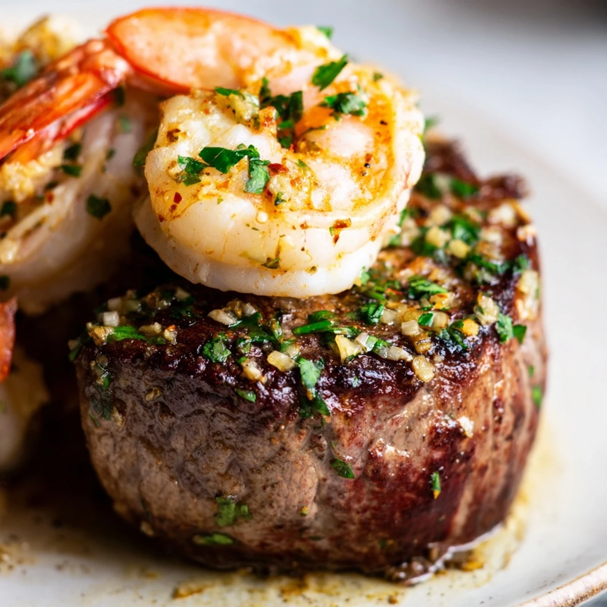 Perfectly seared filet mignon topped with sizzling garlic butter shrimp and fresh parsley, served with lemon wedges.  