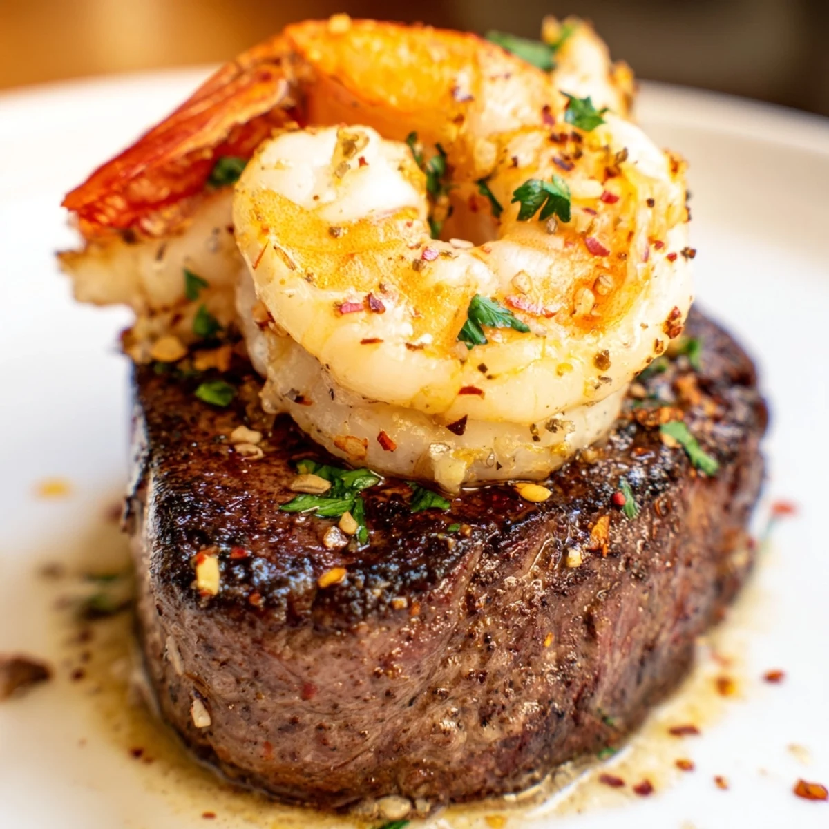 Tender filet mignon and juicy shrimp with a golden sear, arranged on a white plate for a romantic dinner.