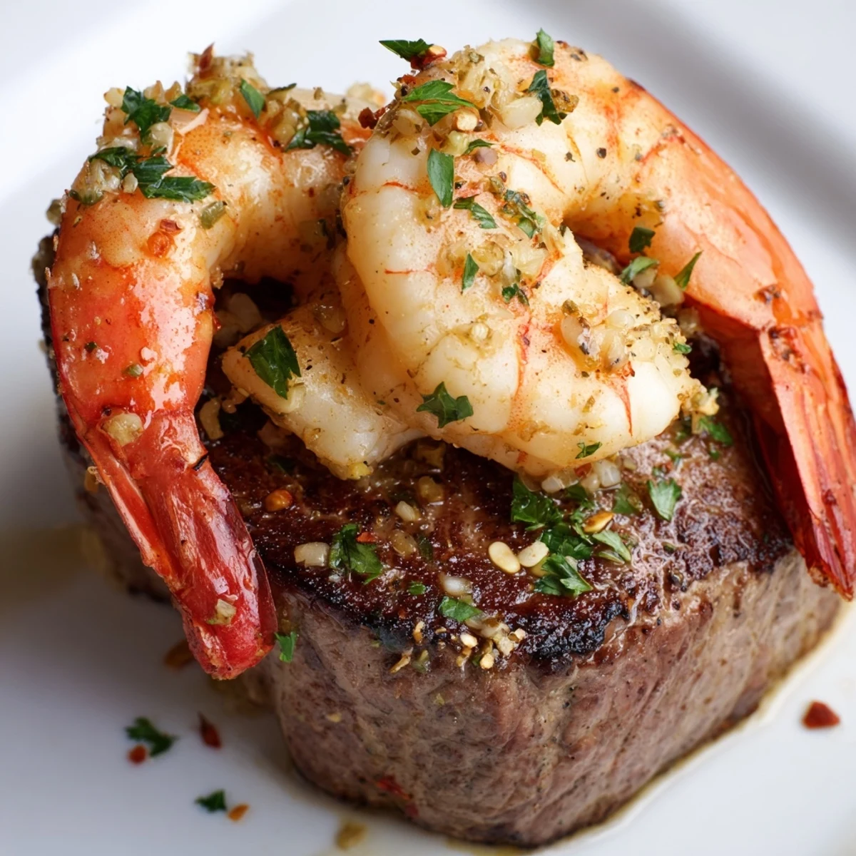 Two elegant filet mignon steaks and succulent shrimp bathed in buttery garlic sauce, garnished with chopped parsley.  
