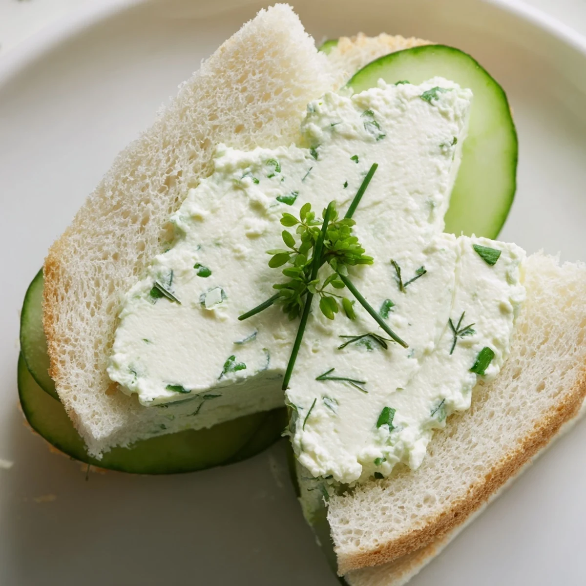 Vibrant green cucumbers layered over creamy herb spread in festive shamrock shaped cucumber sandwiches for St. Patrick's Day tea time.