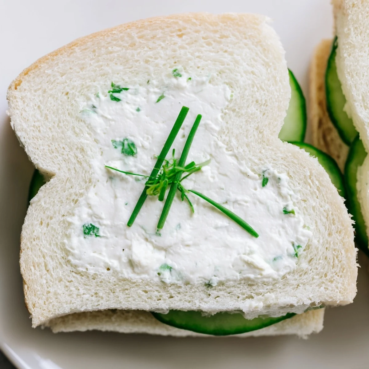 Delicate shamrock appetizers garnished with fresh chives, featuring crunchy English cucumber rounds and smooth herbed cheese between tender bread.