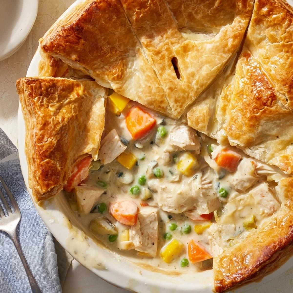 A close-up of golden, flaky Turkey Pot Pie with Puff Pastry, bubbling creamy filling with turkey and peas peeking from the edges.  