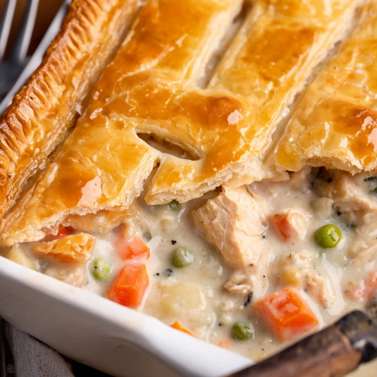 Steaming slice of Turkey Pot Pie with Puff Pastry on a plate, revealing creamy turkey and vegetable filling alongside a crisp pastry crust.