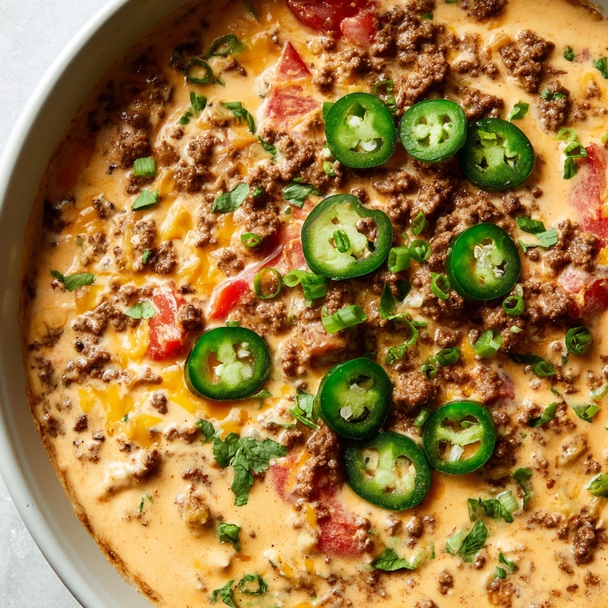 Ground beef, spicy chilies, and melty cheeses simmer in a creamy Big Game Spicy Beef Queso dip, ready for dipping.  