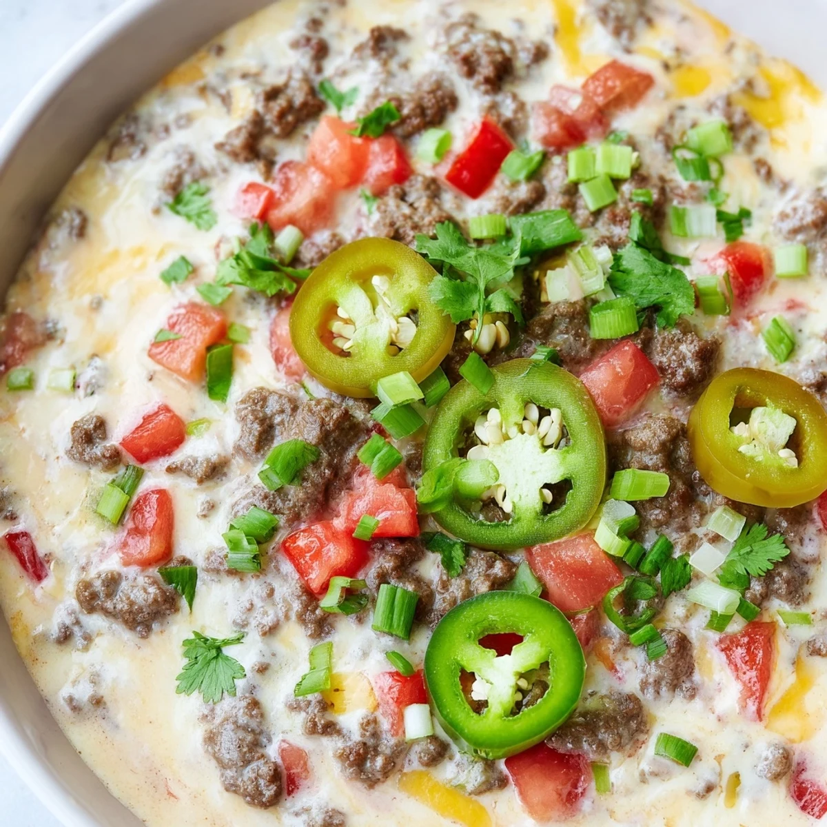 A close-up of rich, orange Big Game Spicy Beef Queso in a bowl, topped with fresh cilantro and green onions.  