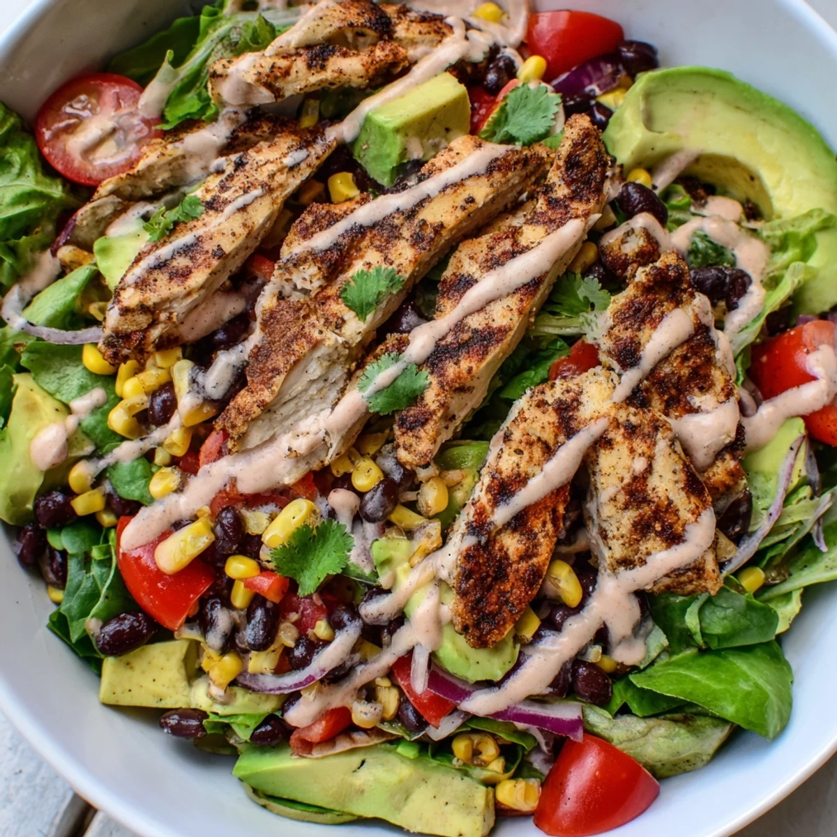 Freshly grilled chicken slices rest atop a colorful bed of mixed greens, black beans, corn, and diced red bell pepper in the Southwest Chicken Salad.