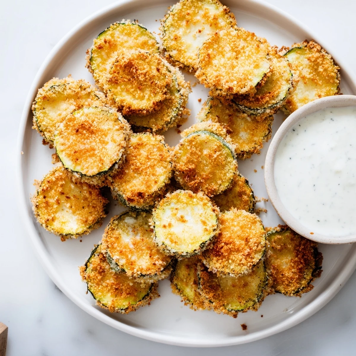 A platter of Crispy Air Fryer Zucchini Chips with Ranch dip, served warm as an easy vegetarian snack.  