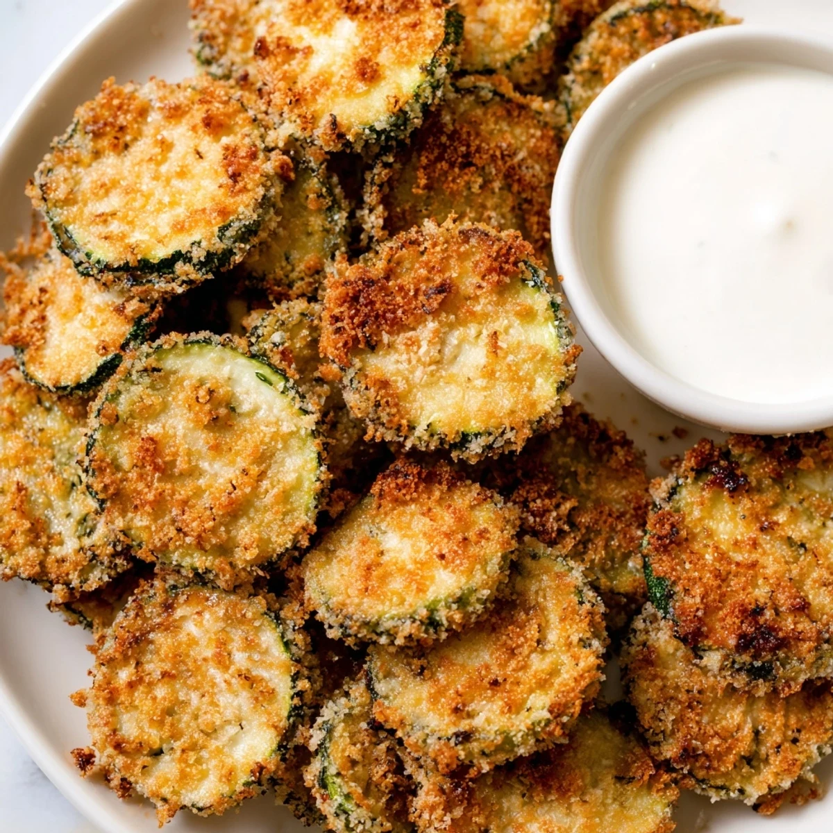 Delicious Crispy Air Fryer Zucchini Chips with Ranch on a rustic table, perfect for game day appetizers.