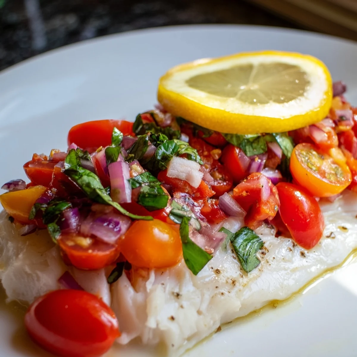 Golden baked halibut fillets topped with a vibrant mix of cherry tomatoes, fresh basil, and diced red onion, served on a plate for a healthy Mediterranean dinner.