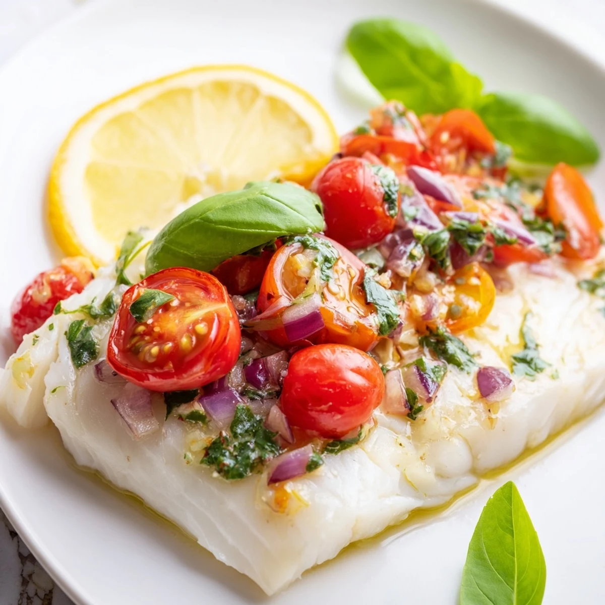 Freshly baked halibut with tomato and basil relish garnished with lemon slices, showcasing flaky white fish and colorful vegetables on a rustic serving dish.